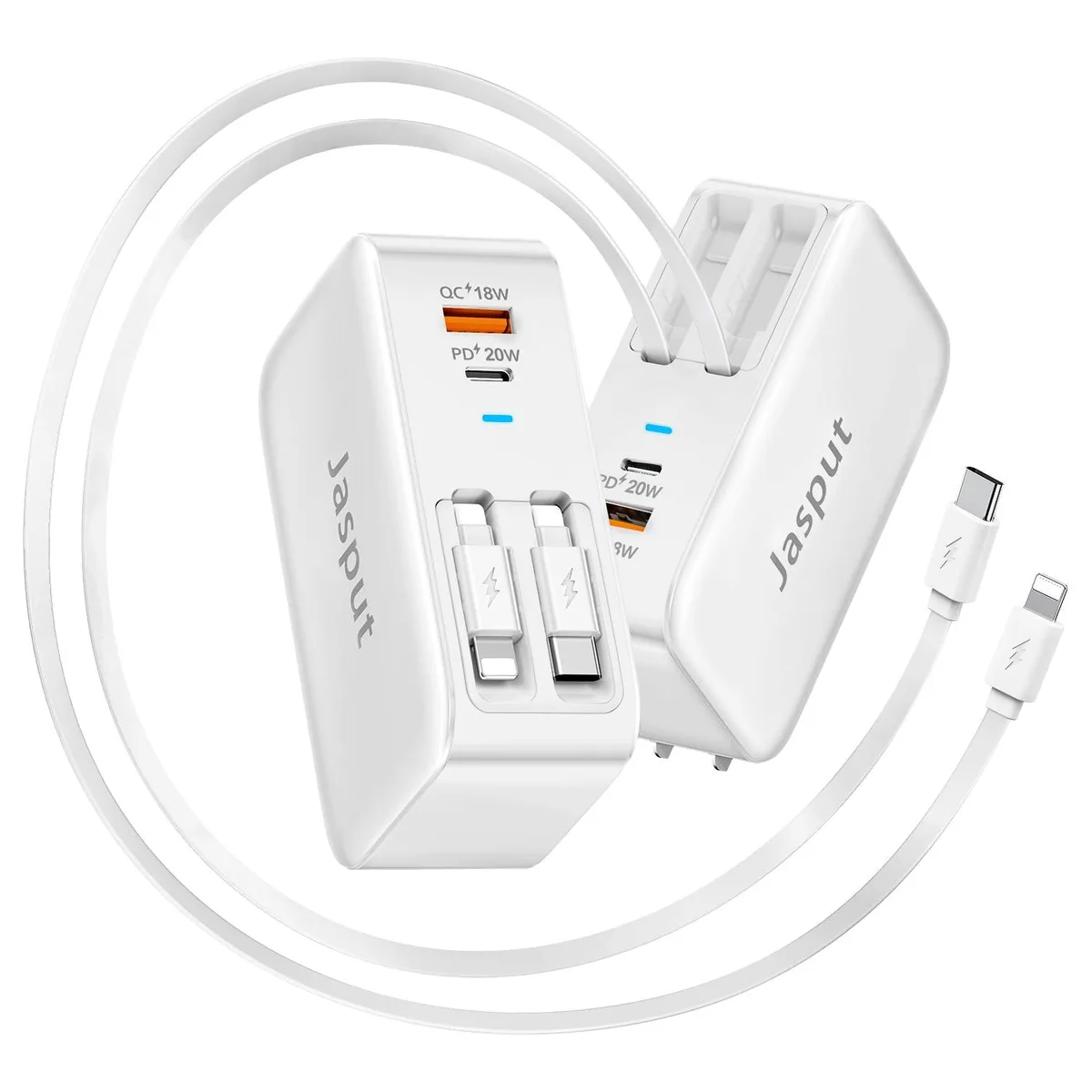 White wall charger with two retractable cables and two USB ports