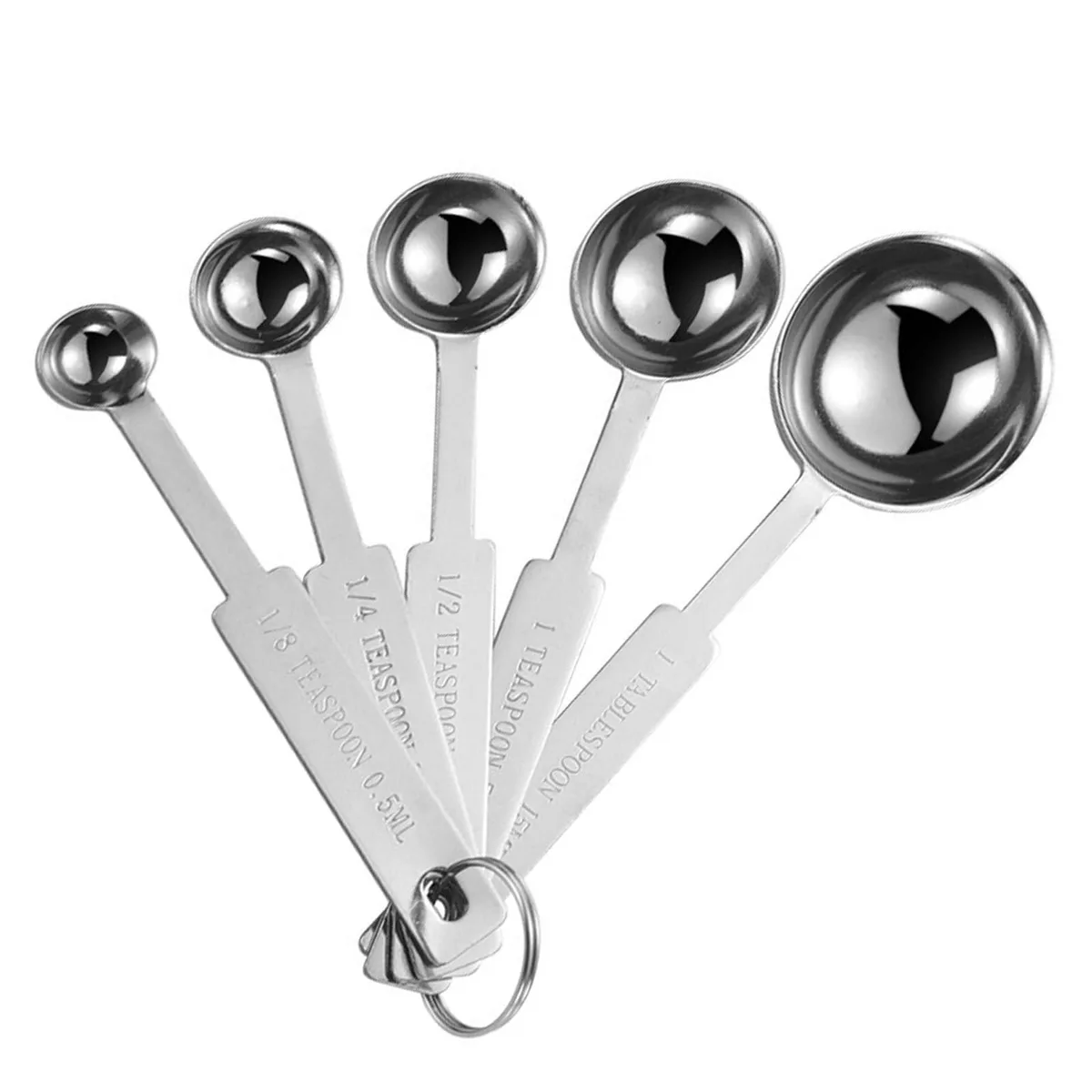 Five stainless steel measuring spoons on a ring, handles marked with volumes