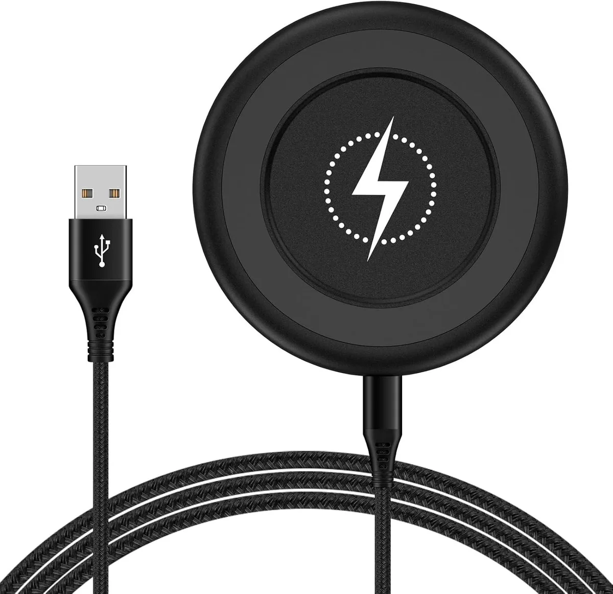 Flat circular wireless charging pad with a 3-foot USB-C cable attached