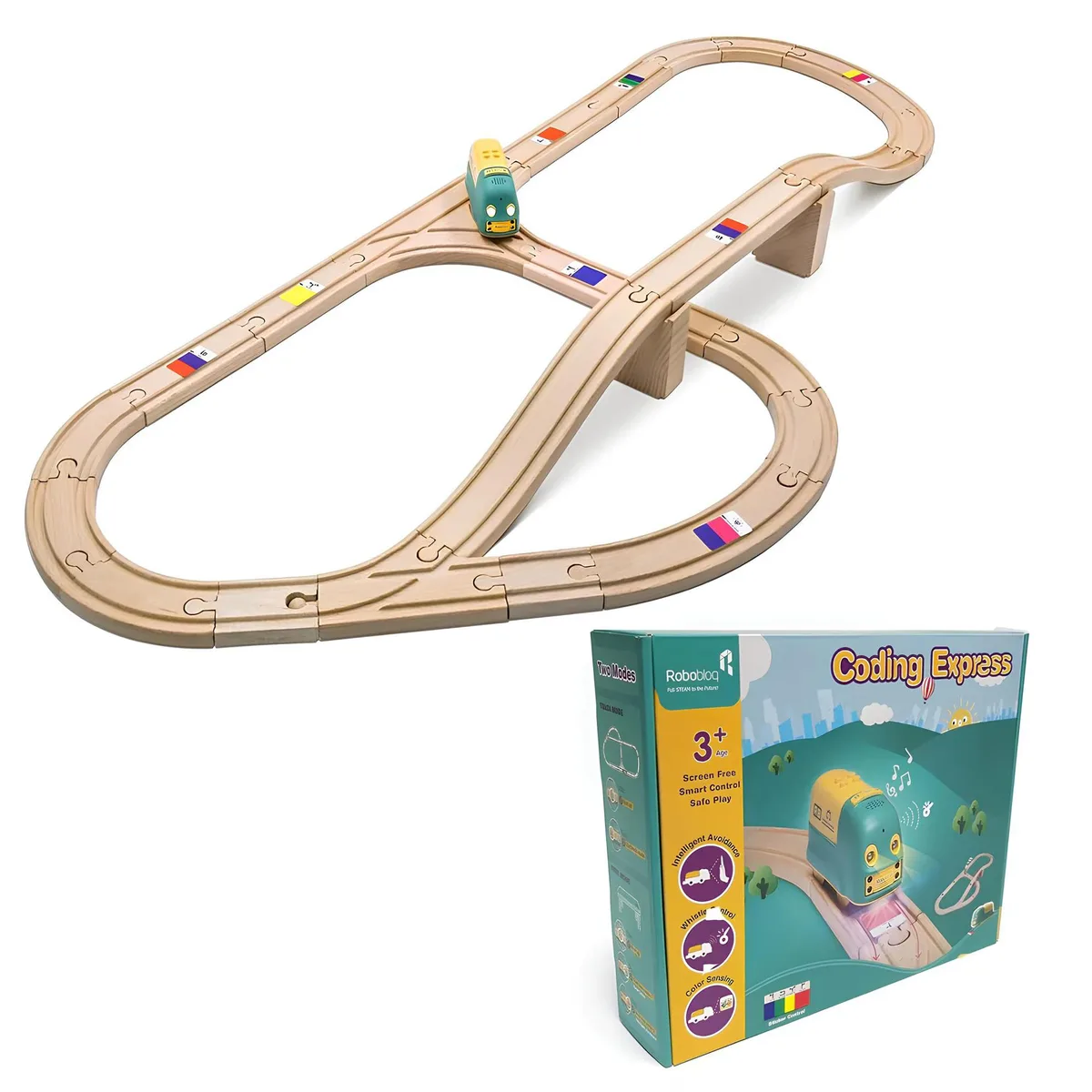 Wooden train set with colourful engine, 25 track pieces and 19 coding stickers