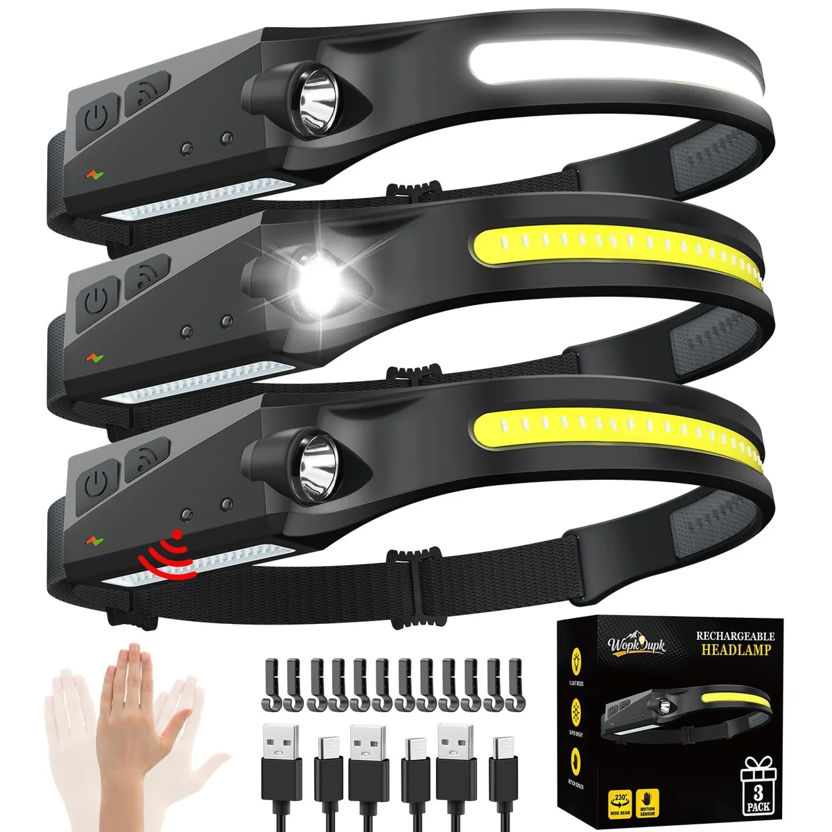 Three black rechargeable headlamps with wide COB strip and side LED, adjustable elastic bands, hard-hat clips, USB-C charging