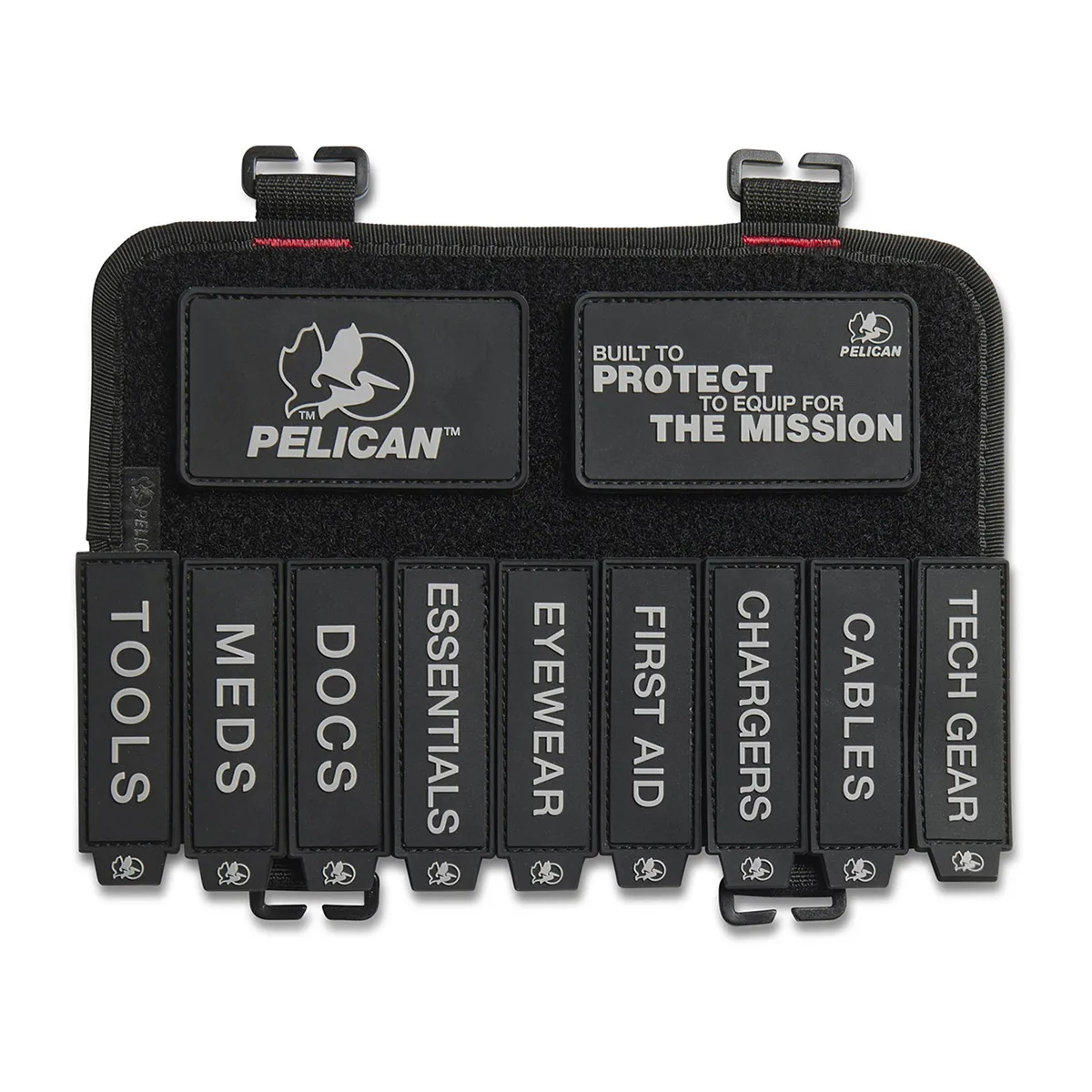 Black 500D Cordura patch panel with labelled gear tags, 5.76 oz