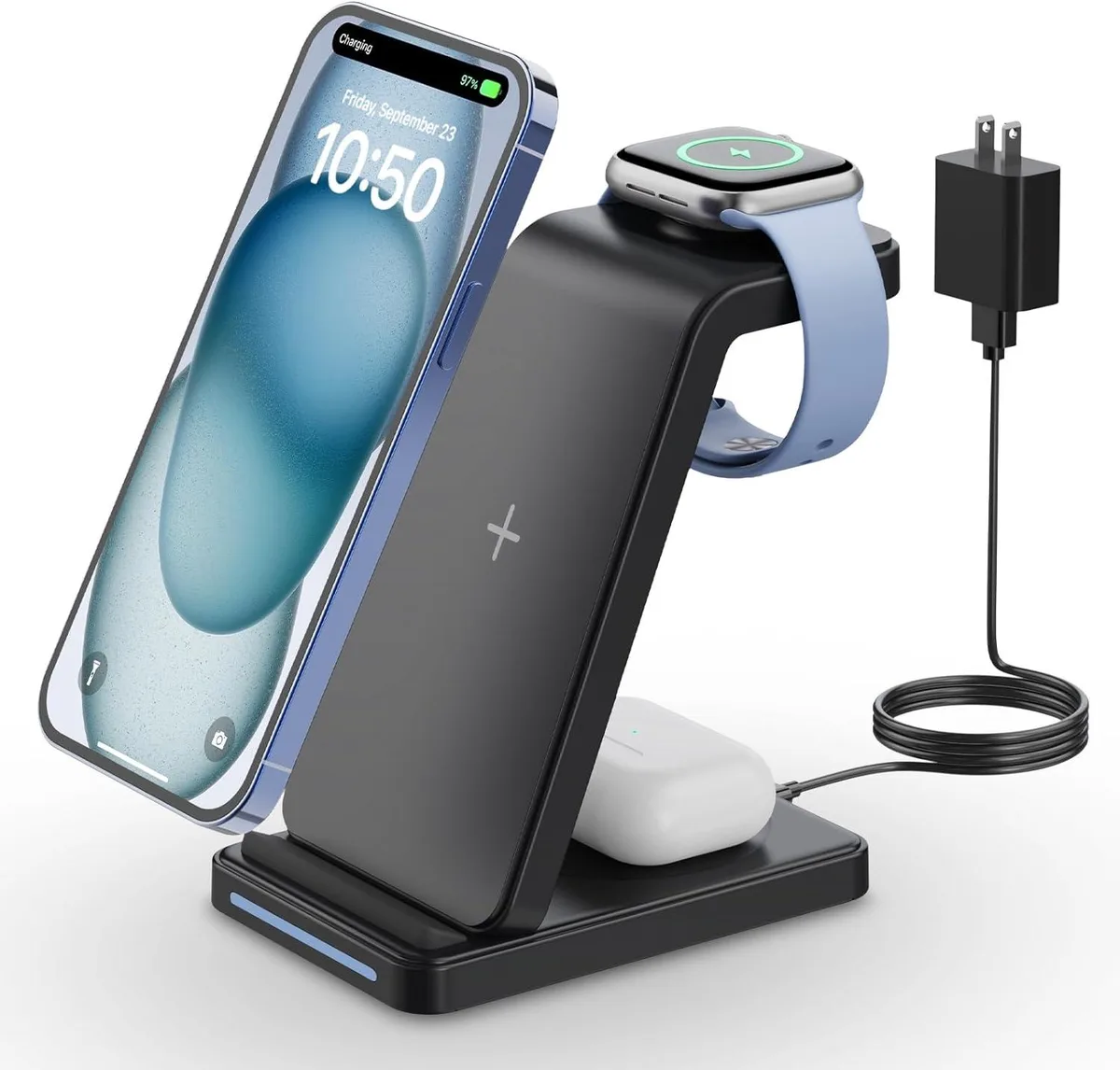 fanic fanic 3 in 1 Wireless Charger Stand for iPhone 15 14 13 12 11 Apple Watch AirPods 18W QC Adapter — product photo