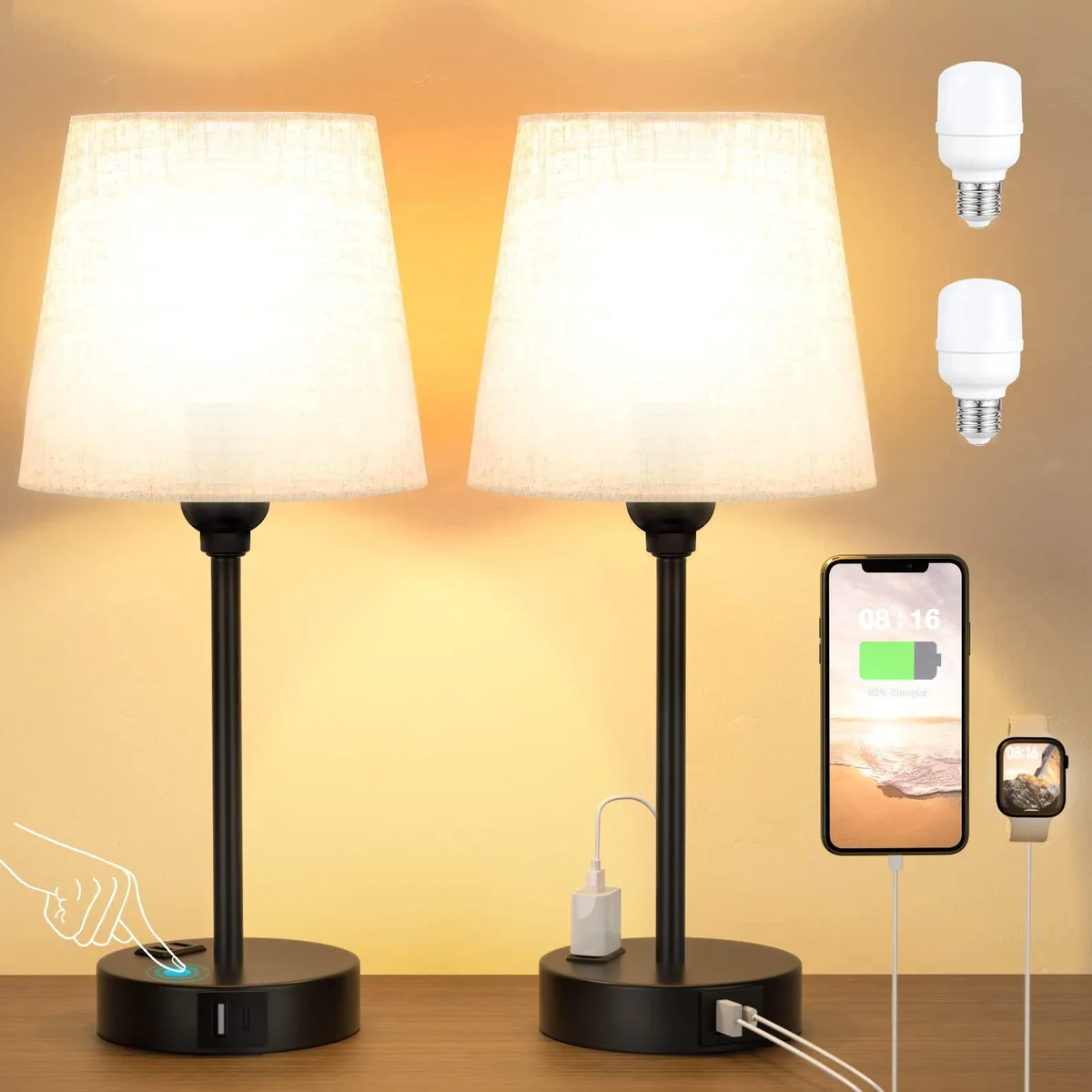 Two matte black round table lamps with fabric shades and touch bases, sold as a pair