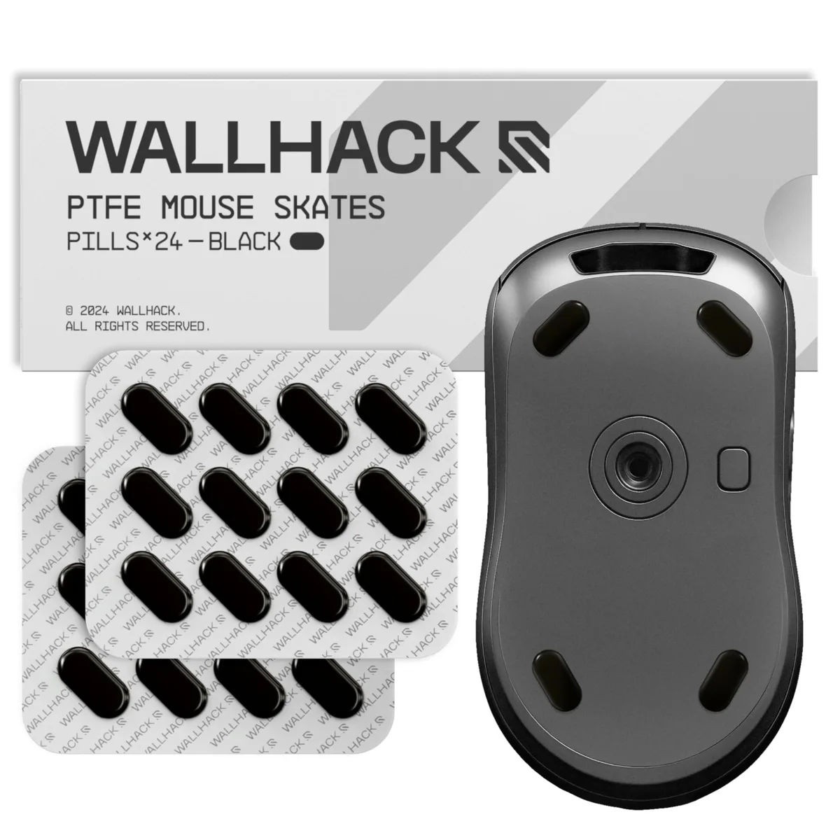 Black PTFE pill-shaped mouse skates, 14 by 7 mm, smooth matte finish
