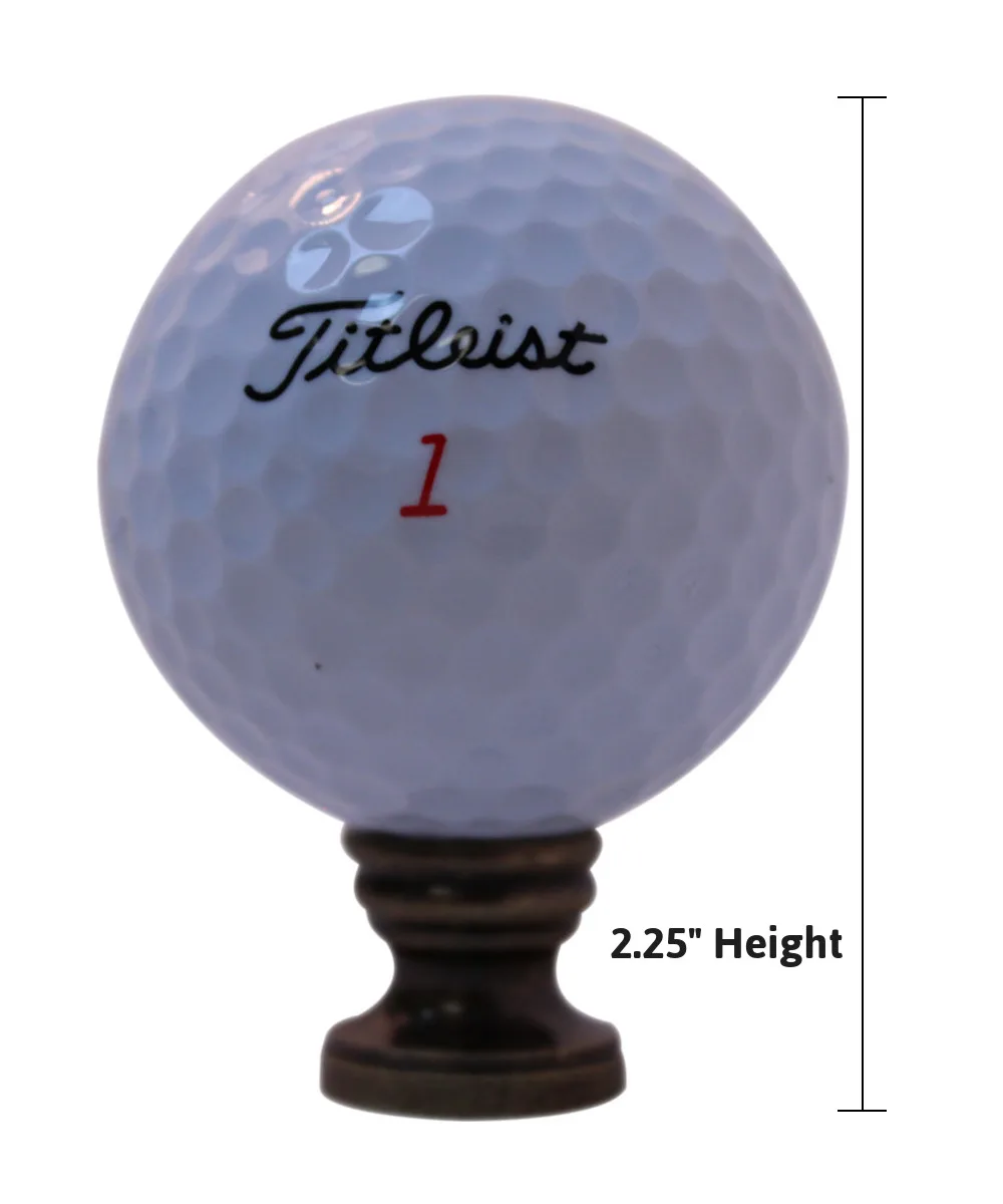 White golf ball finial with antiqued brass base, 2.25 inch height, 1.33 inch sphere