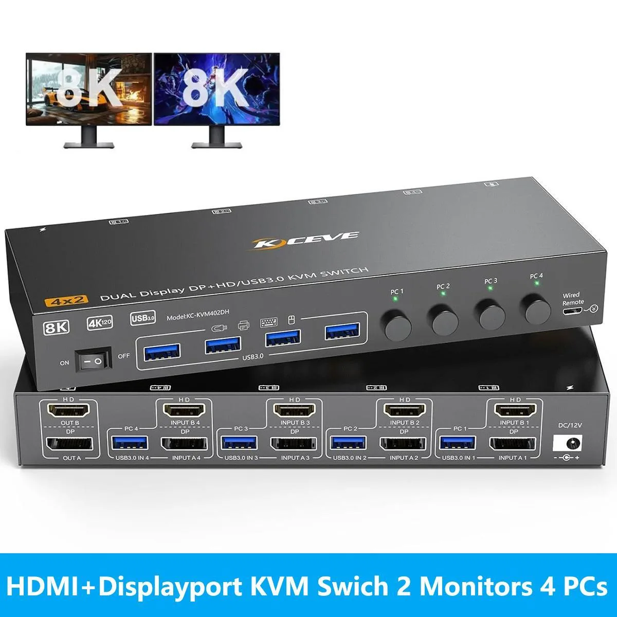 WRIARICH WRIARICH 4-Port HDMI/DP KVM Switch 2 Monitors 4 Computers 8K@60Hz 4K@144Hz — product photo