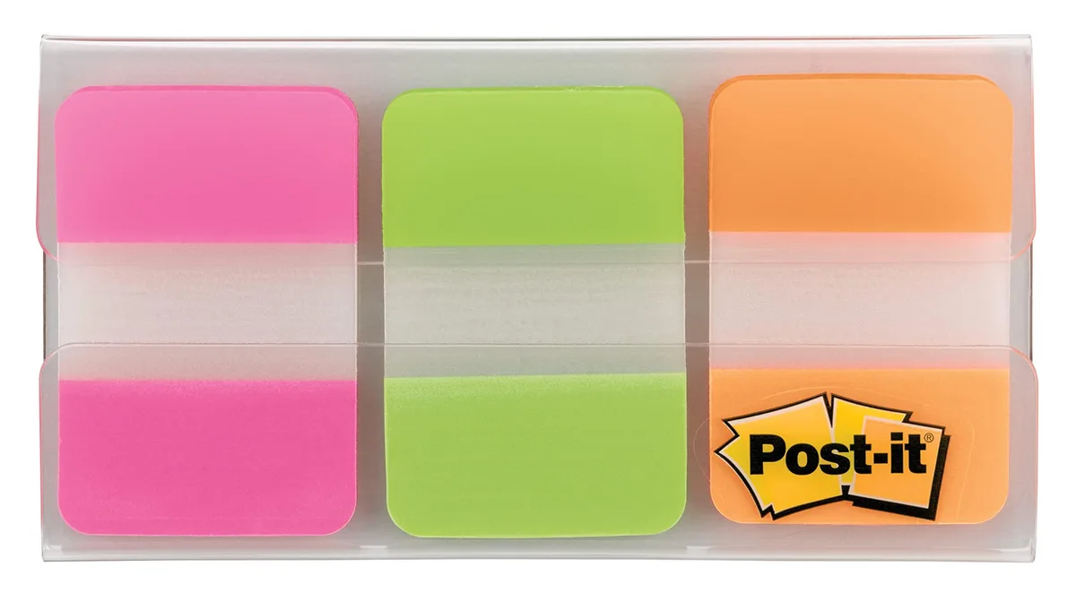 On-the-go dispenser holding 36 pink, green and orange flags