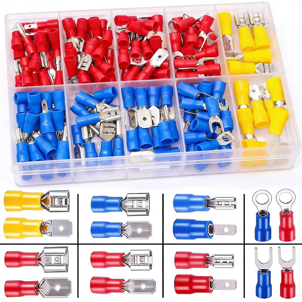 Clear plastic box holding 360 insulated spade crimp connectors in red, blue and yellow with crimping tool