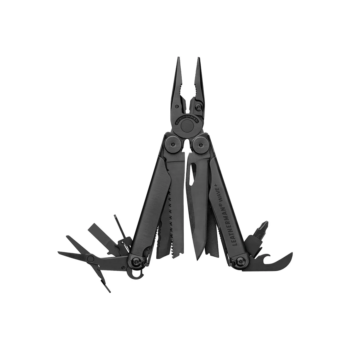 Black stainless multi-tool folded closed, rounded handles with pocket clip visible