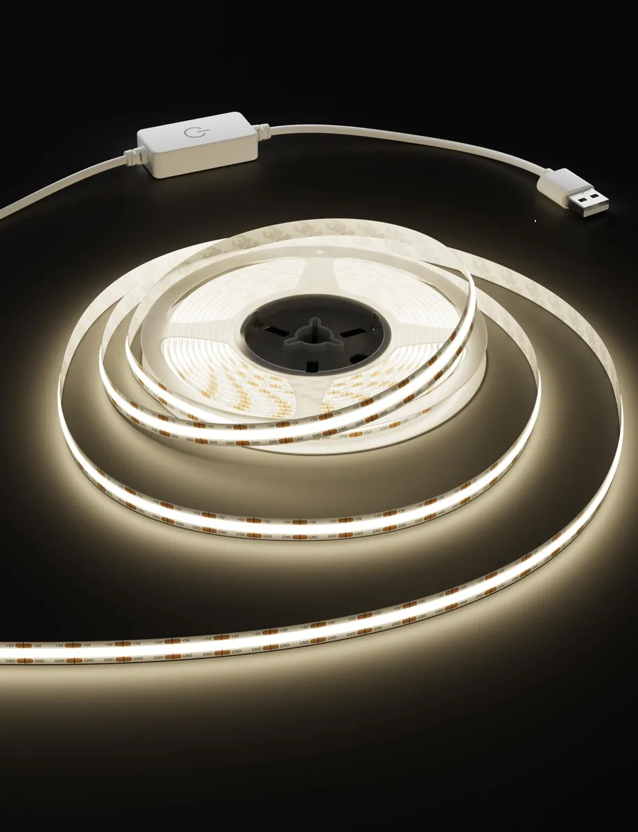 Flexible 8 mm wide COB LED strip on a 2 m reel with USB plug and touch dimmer