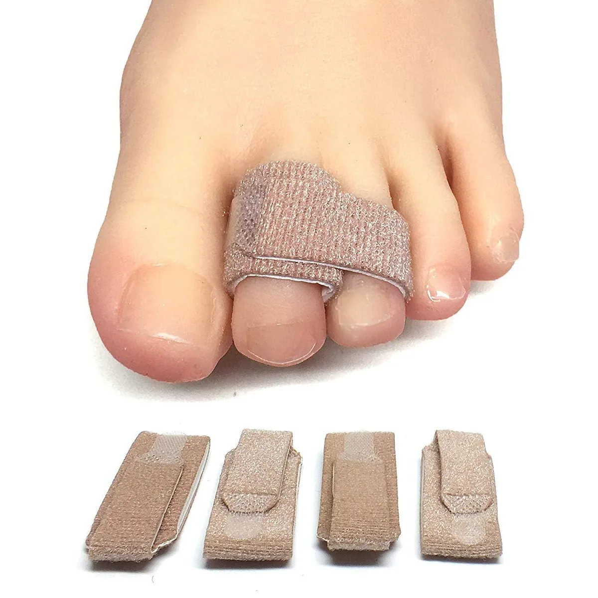 Four beige fabric toe wraps with hook-and-loop closures and cushioned lining