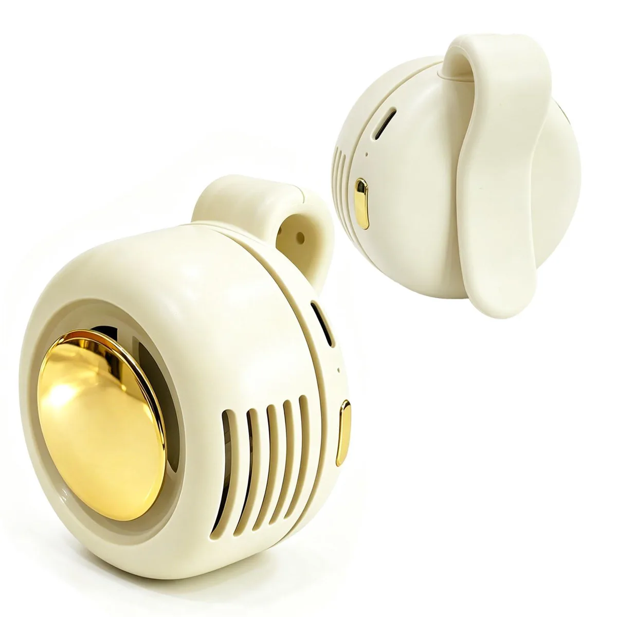 Small white bladeless clip fan with 360° rotation