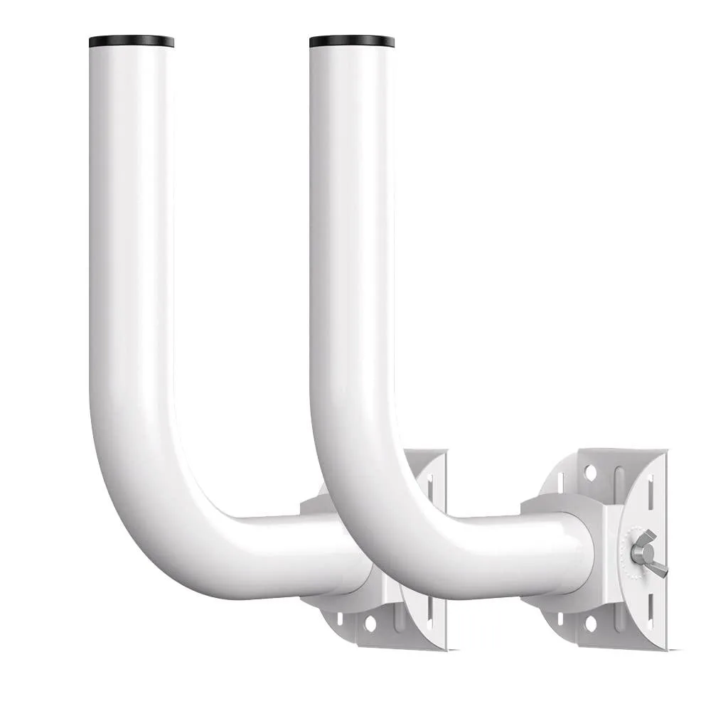 Two silver metal brackets with curved arms and gear teeth, each with a pole clamp and waterproof cap