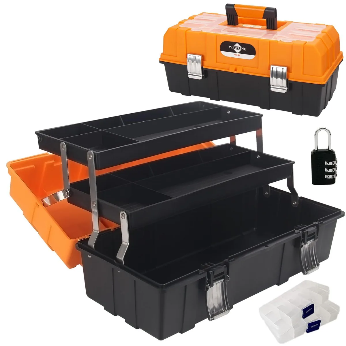 Black plastic three-layer tool box with handle, 16.5 x 7.5 x 7 inches, twelve pack