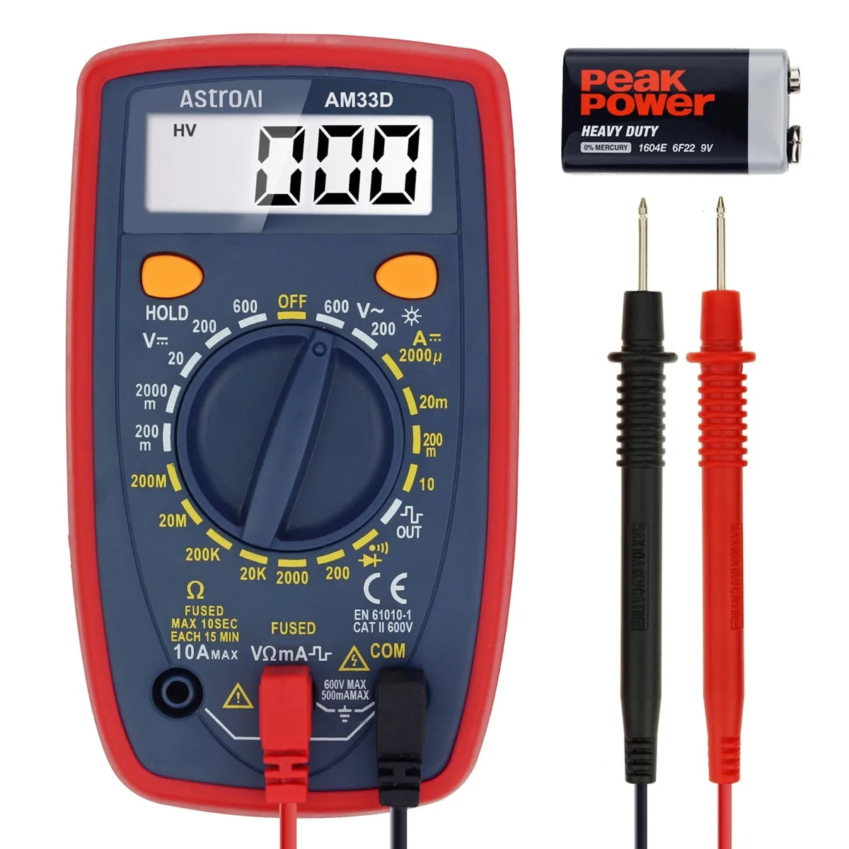 Blue compact digital multimeter with backlit LCD display and test leads