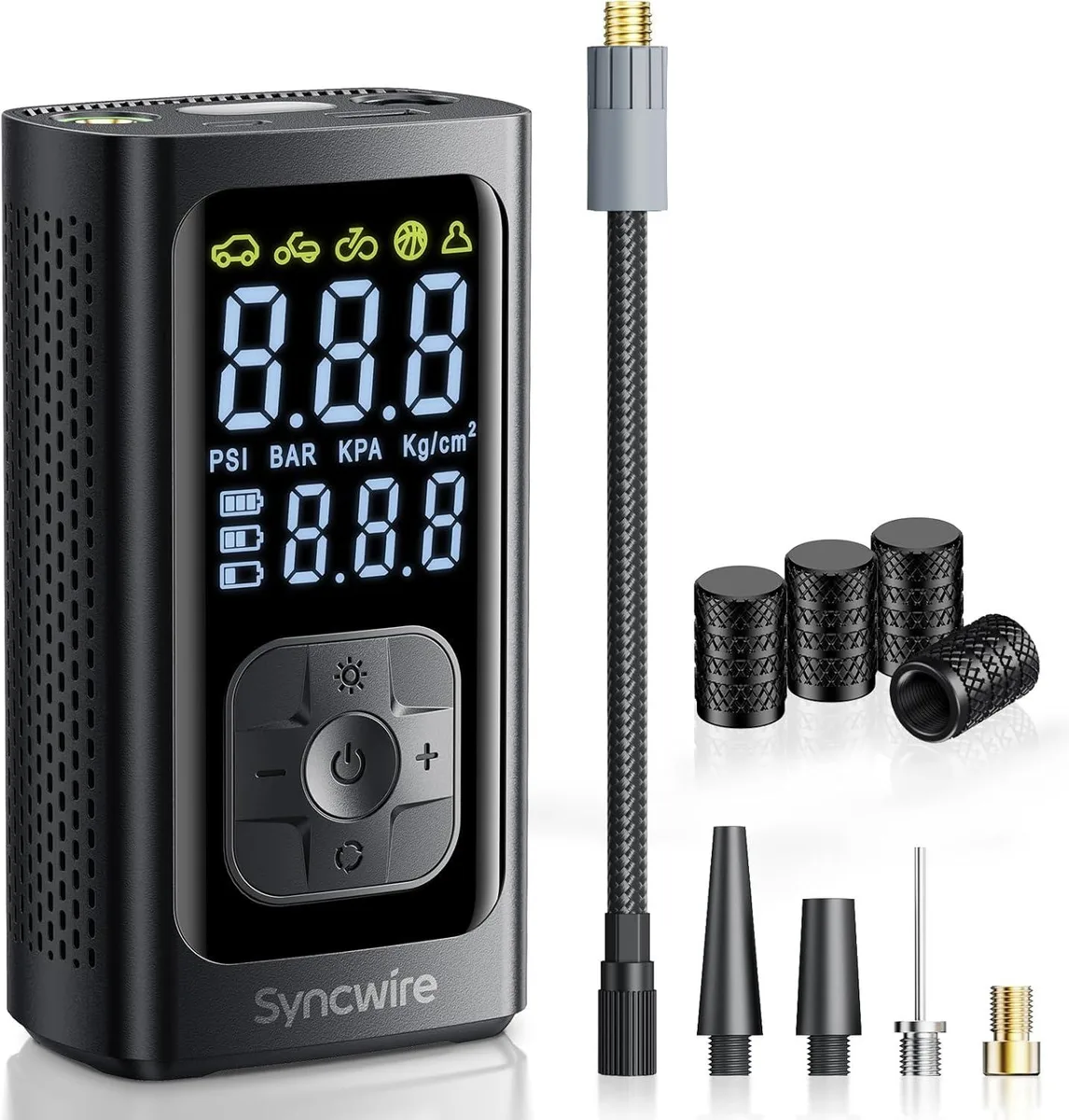 Compact portable air compressor with large LCD screen and integrated hose