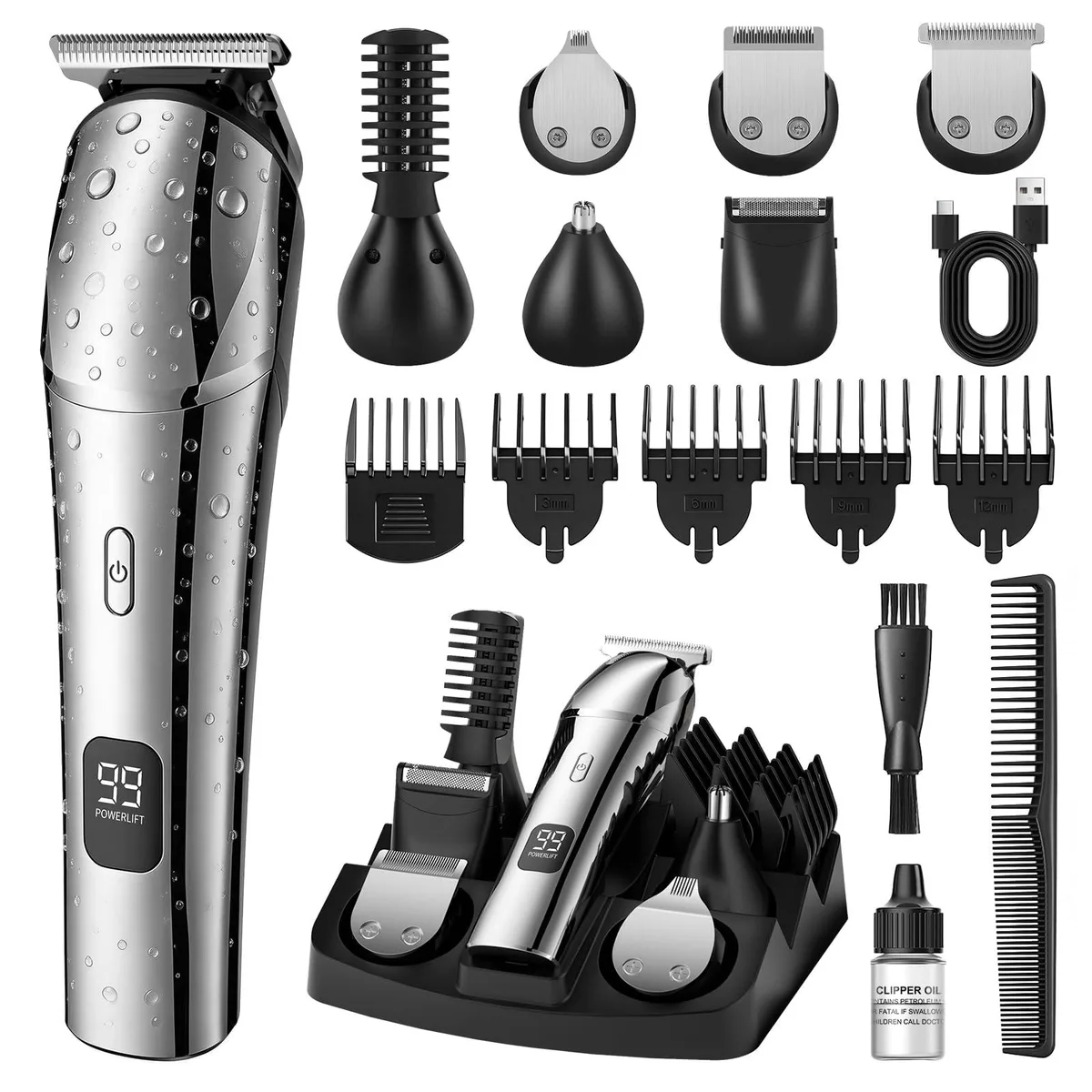 Black grooming kit with multiple trimmer attachments and guide combs