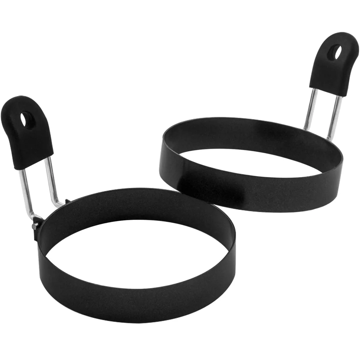 Two stainless steel egg rings with fold-flat silicone handles
