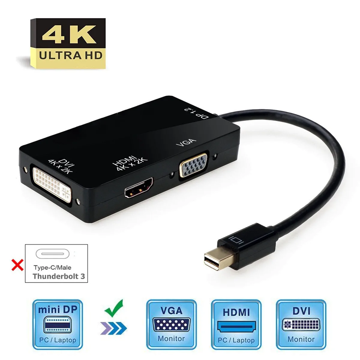 LUOM LUOM Mini DisplayPort 1.2 to HDMI DVI VGA audio video converter 4K 30Hz black — product photo