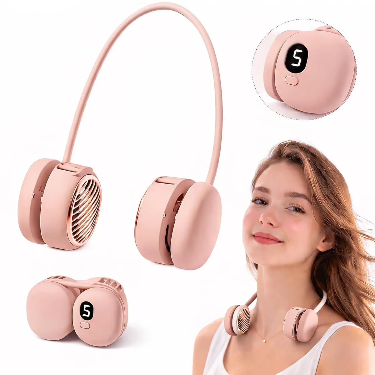  Suzii L21 Pink Neck Fan Accessory 5 Speeds 360° 2.2x2.3x4.48 in — product photo