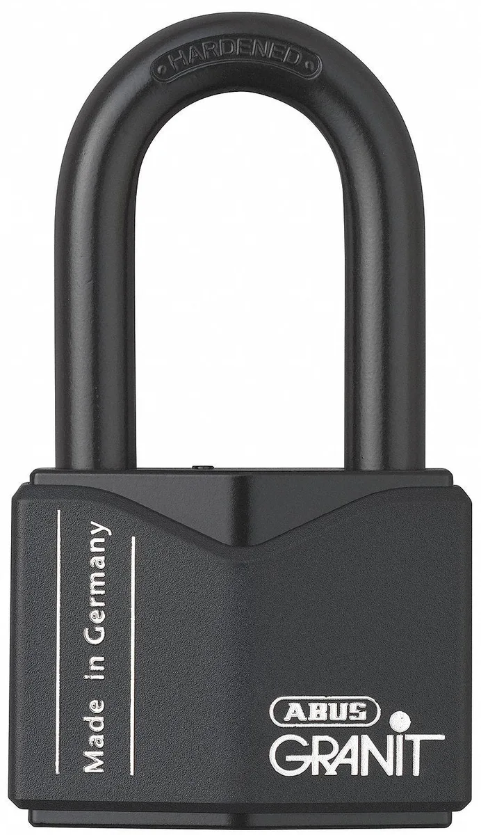 Black square hardened steel padlock with long shackle