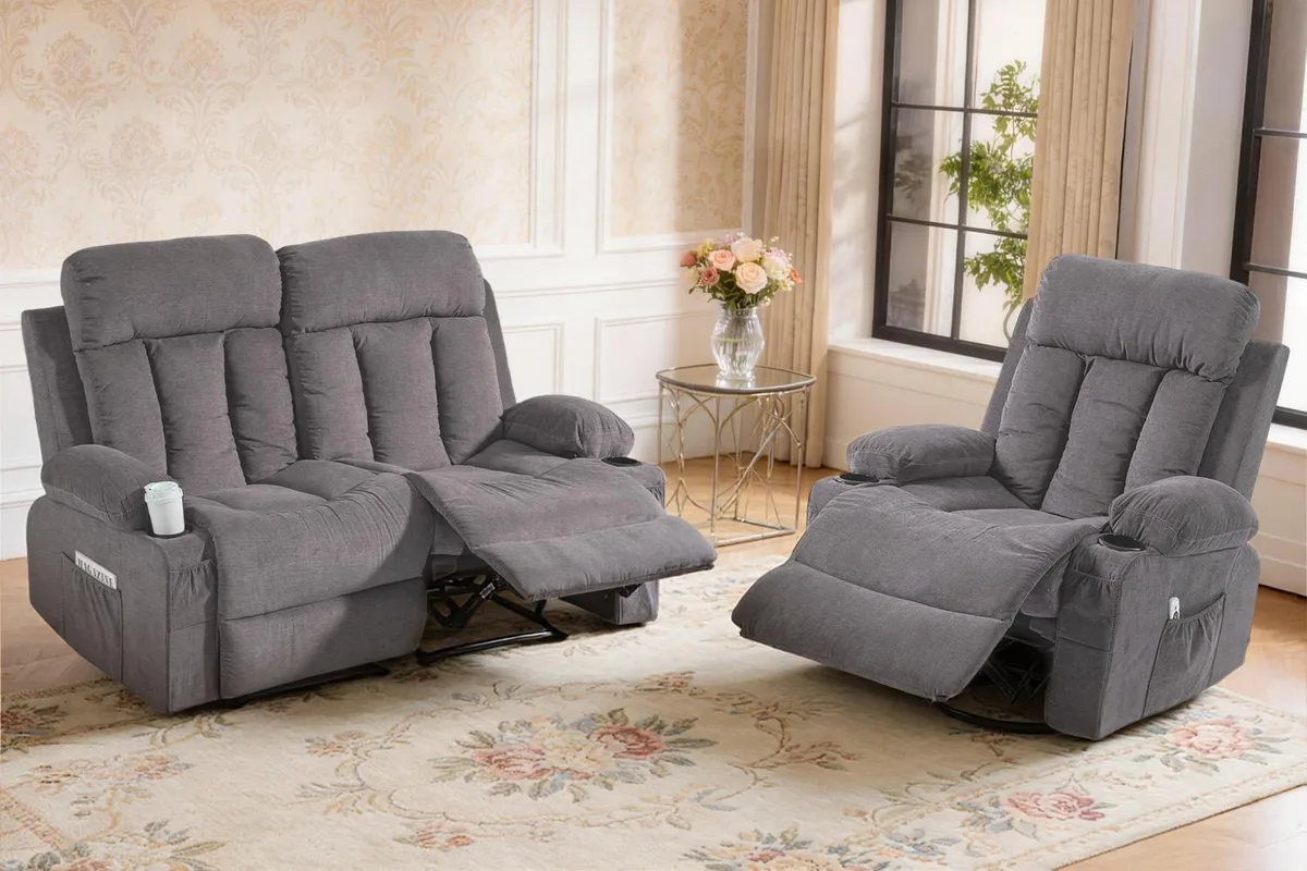 Grey two-piece manual recliner set with loveseat and swivel chair, fabric finish