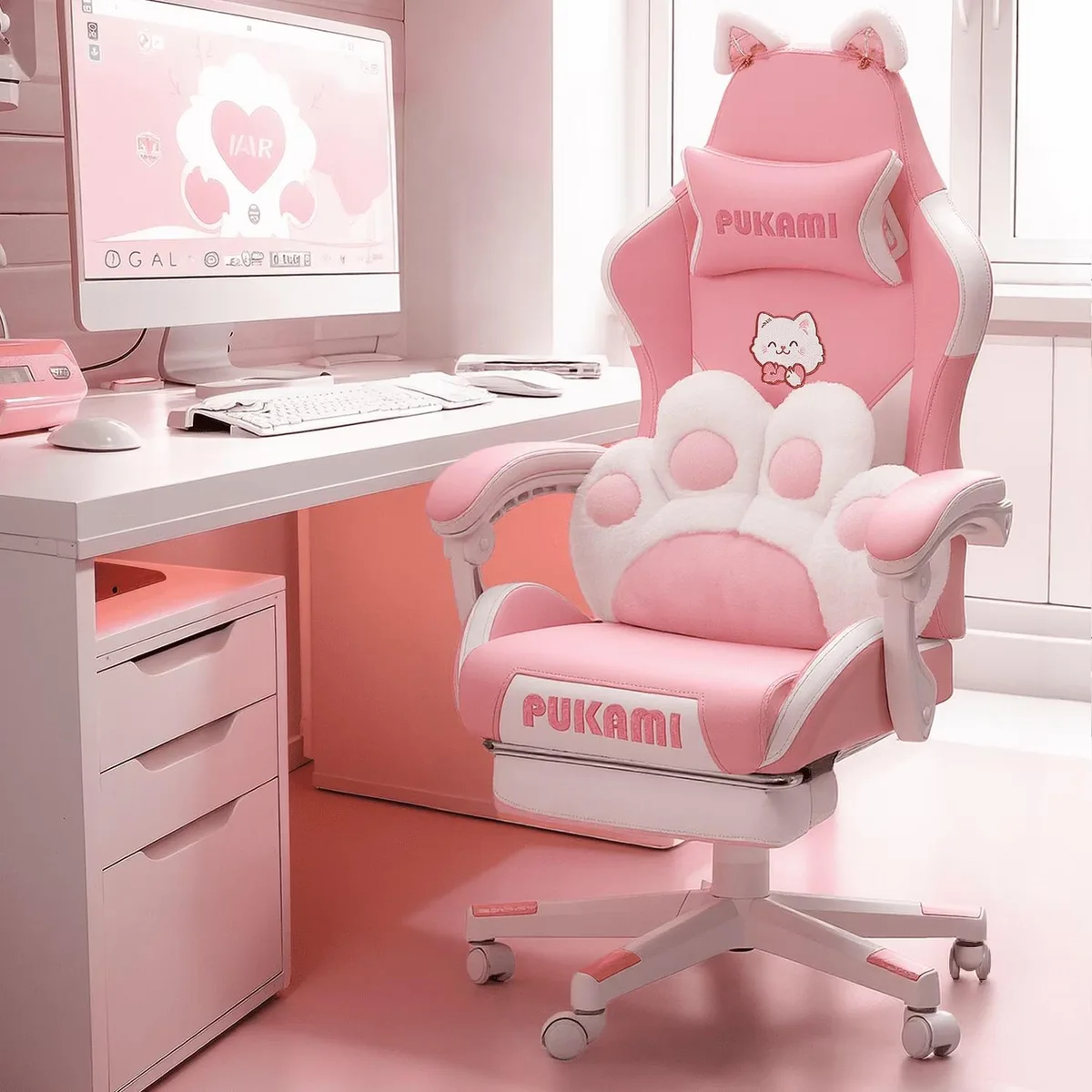 Vitesse Vitesse Pink Gaming Chair Cat Ears Paw Cushion Fabric Footrest 90-135° 13.8-17.7in — product photo