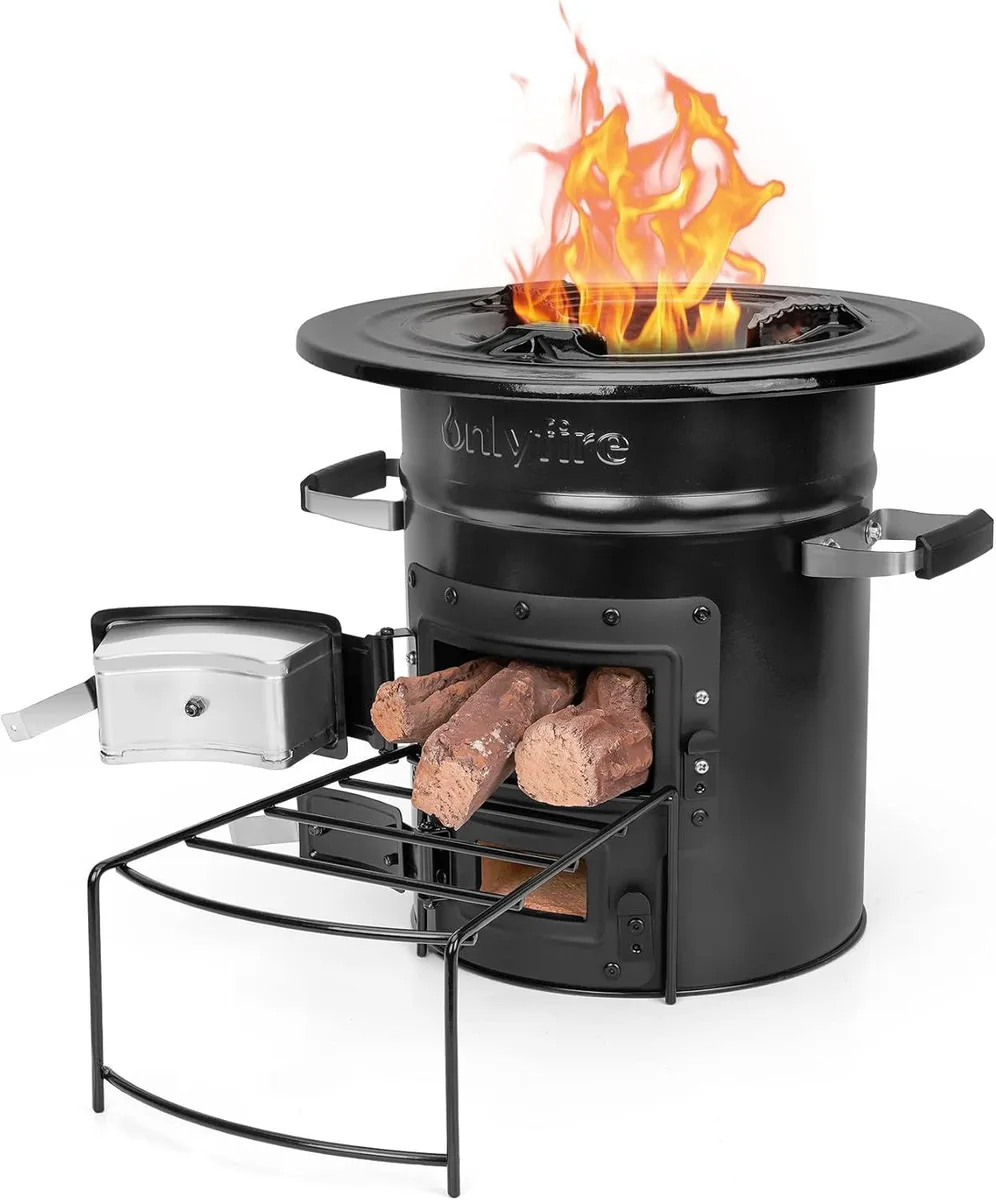 Silver metal rocket stove with handles and cast iron top