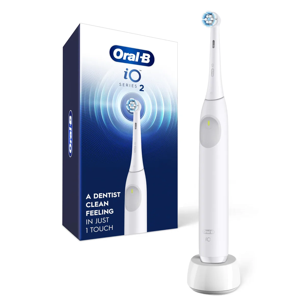 White rechargeable electric toothbrush with smooth handle and brush head attached