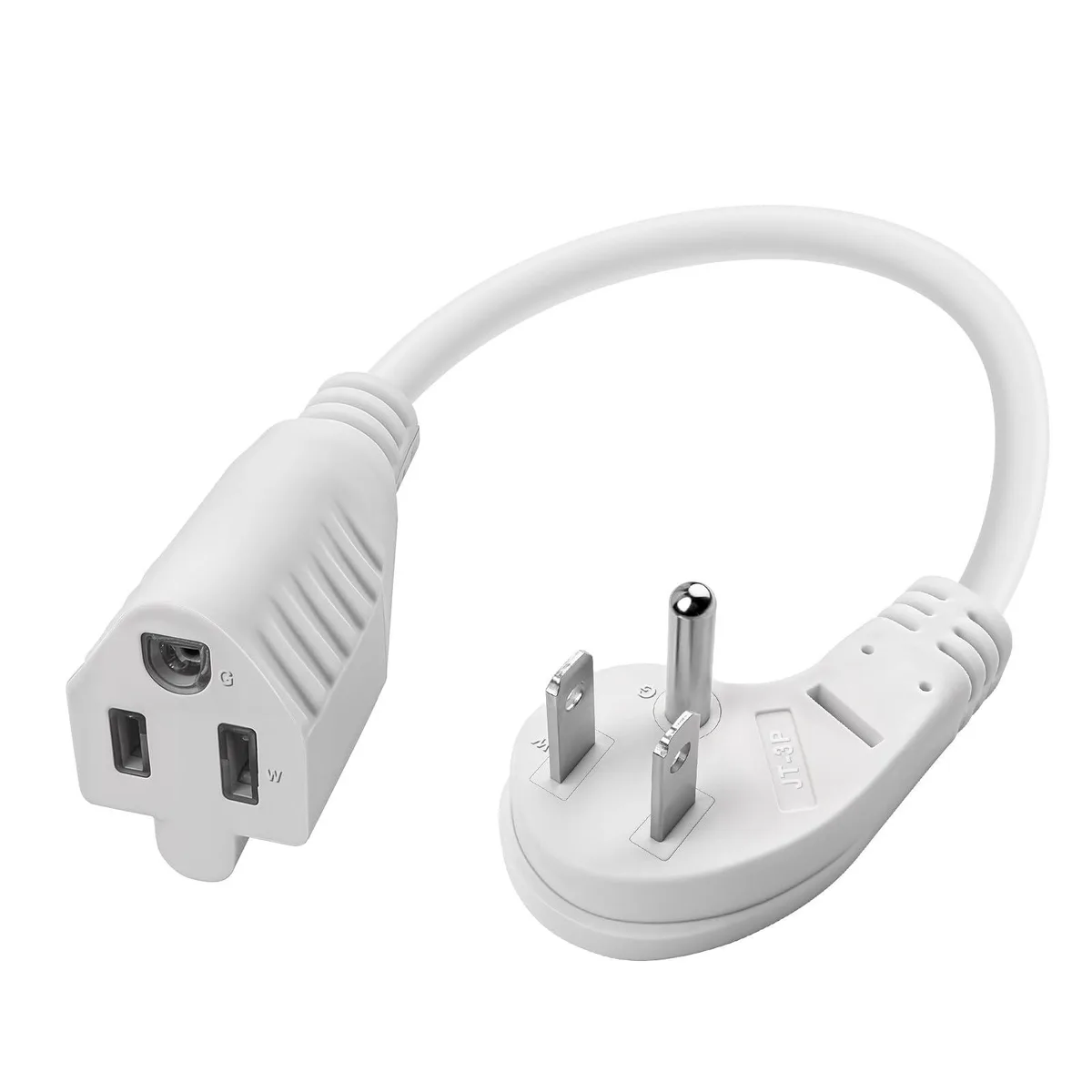 Short white flat extension cord with three grounded outlets and right-angle plug