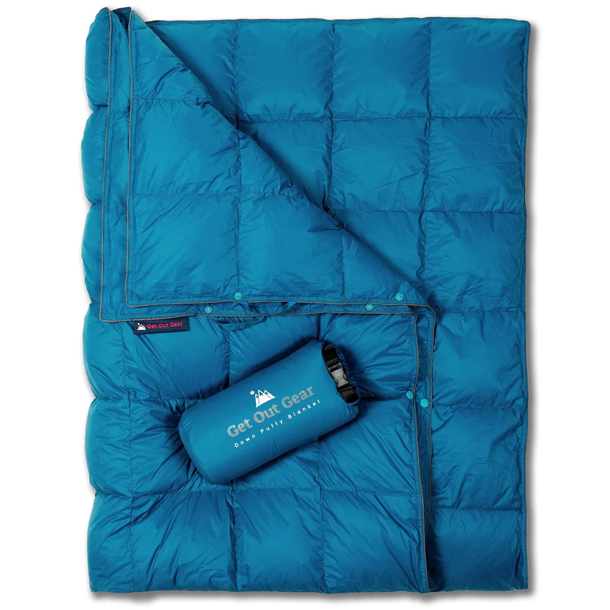 Teal rectangular down camping blanket with stuff sack