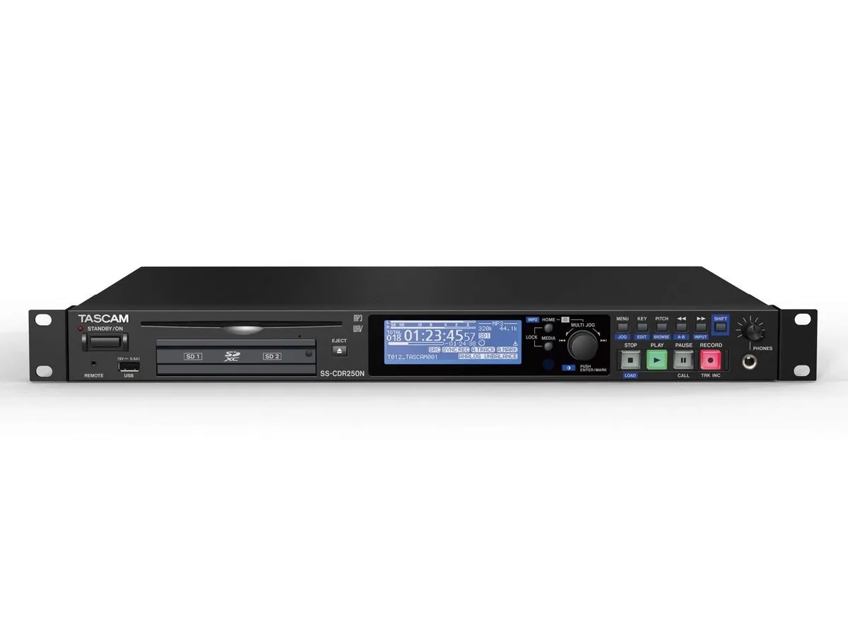 Silver rack-mount recorder with LCD display, XLR and RCA jacks, CD slot and front-panel controls