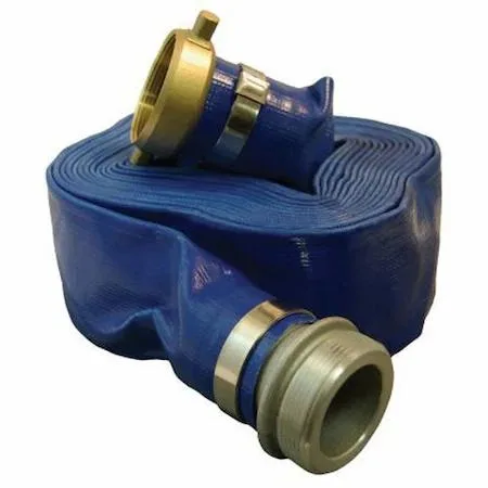 Flat PVC discharge hose in blue with aluminum couplings