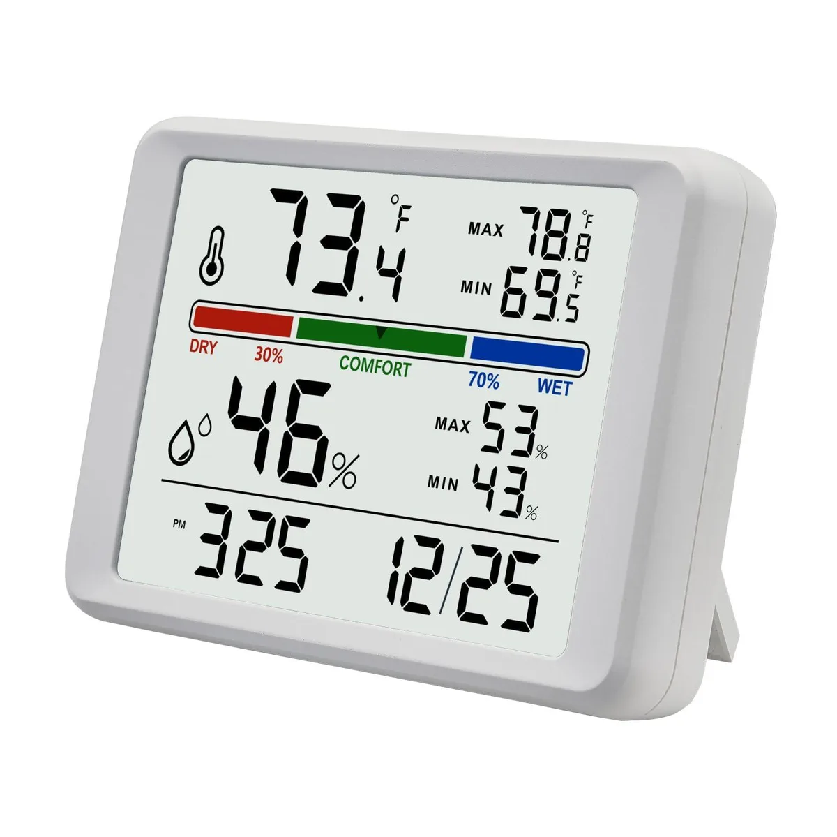 White rectangular digital thermometer hygrometer with LCD display showing temperature humidity and time