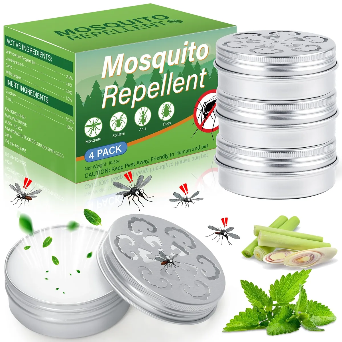 Four white tubes of peppermint mosquito repellent cream in a row
