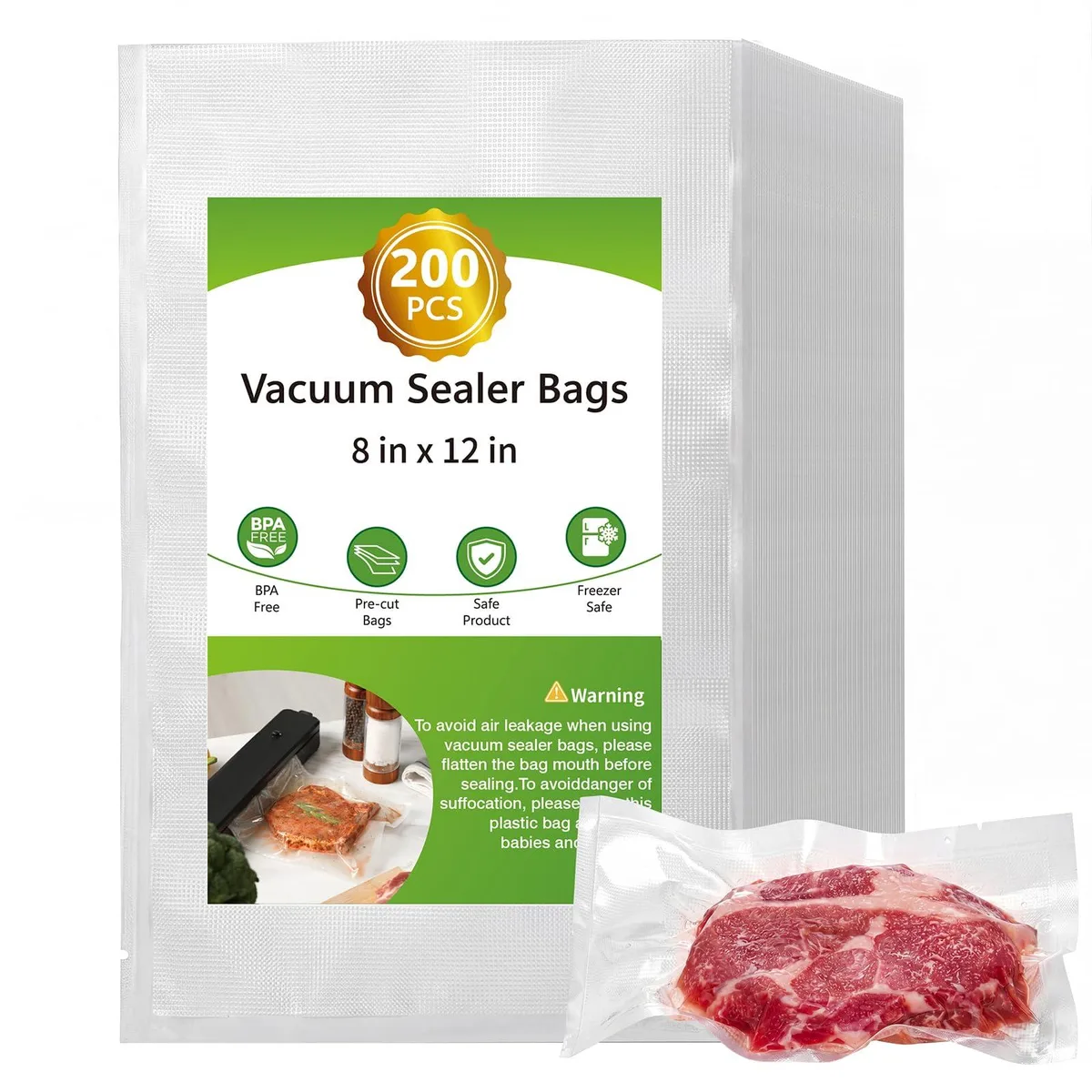 Clear precut vacuum sealer bags, 200 count, 8 by 12 inch quart size, embossed texture