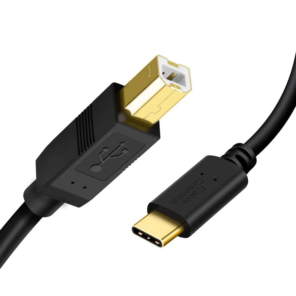 Black 15 ft USB-C to USB-B 2.0 cable with male connectors at both ends