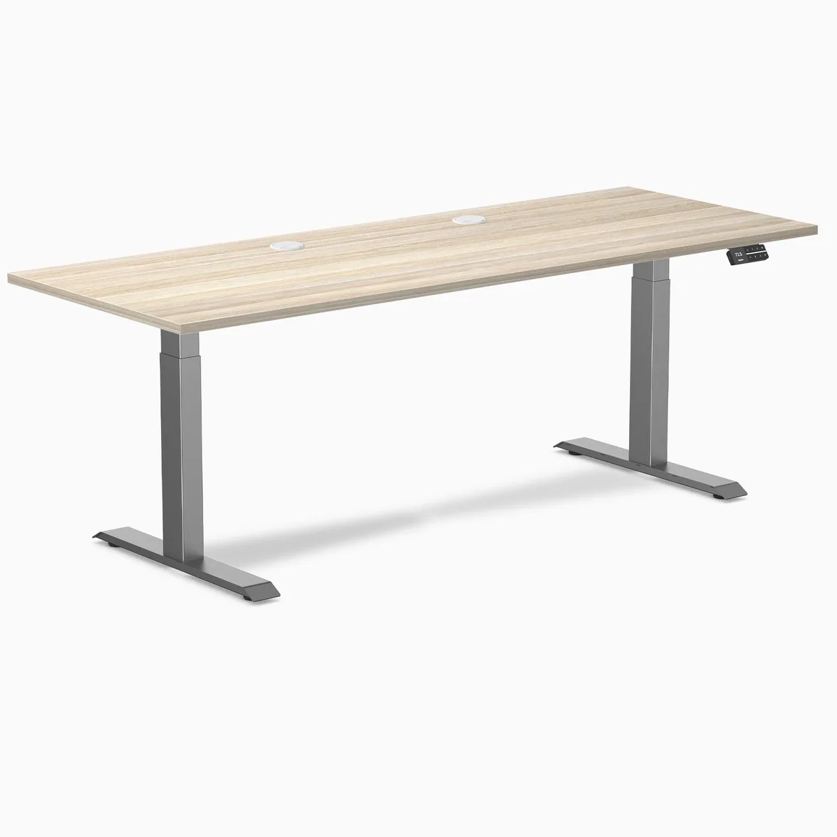 Desky Desky Dual Laminate Sit Stand Desk Classic Oak 78.7 x 29.5 in Space Gray with Grommets — product photo