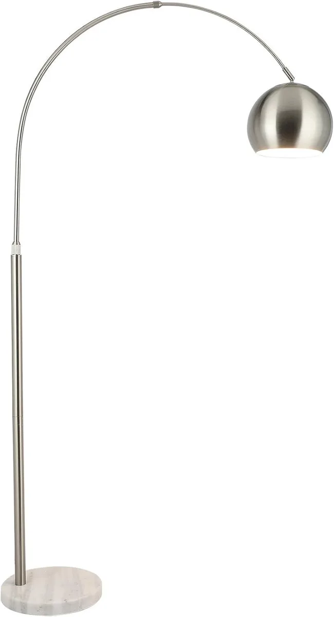 Brushed nickel arc floor lamp on round white marble base with rotatable hanging shade