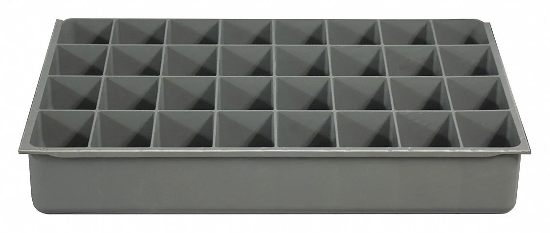 Gray powder-coated polypropylene drawer insert with 32 compartments measuring 18 by 12 by 3 inches