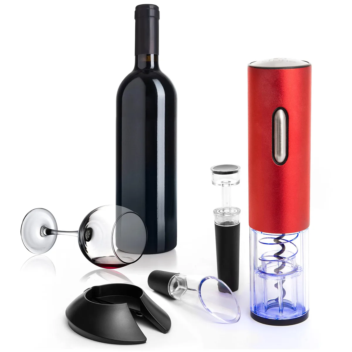 Red electric wine opener set with USB charging, pourer, foil cutter and vacuum stopper