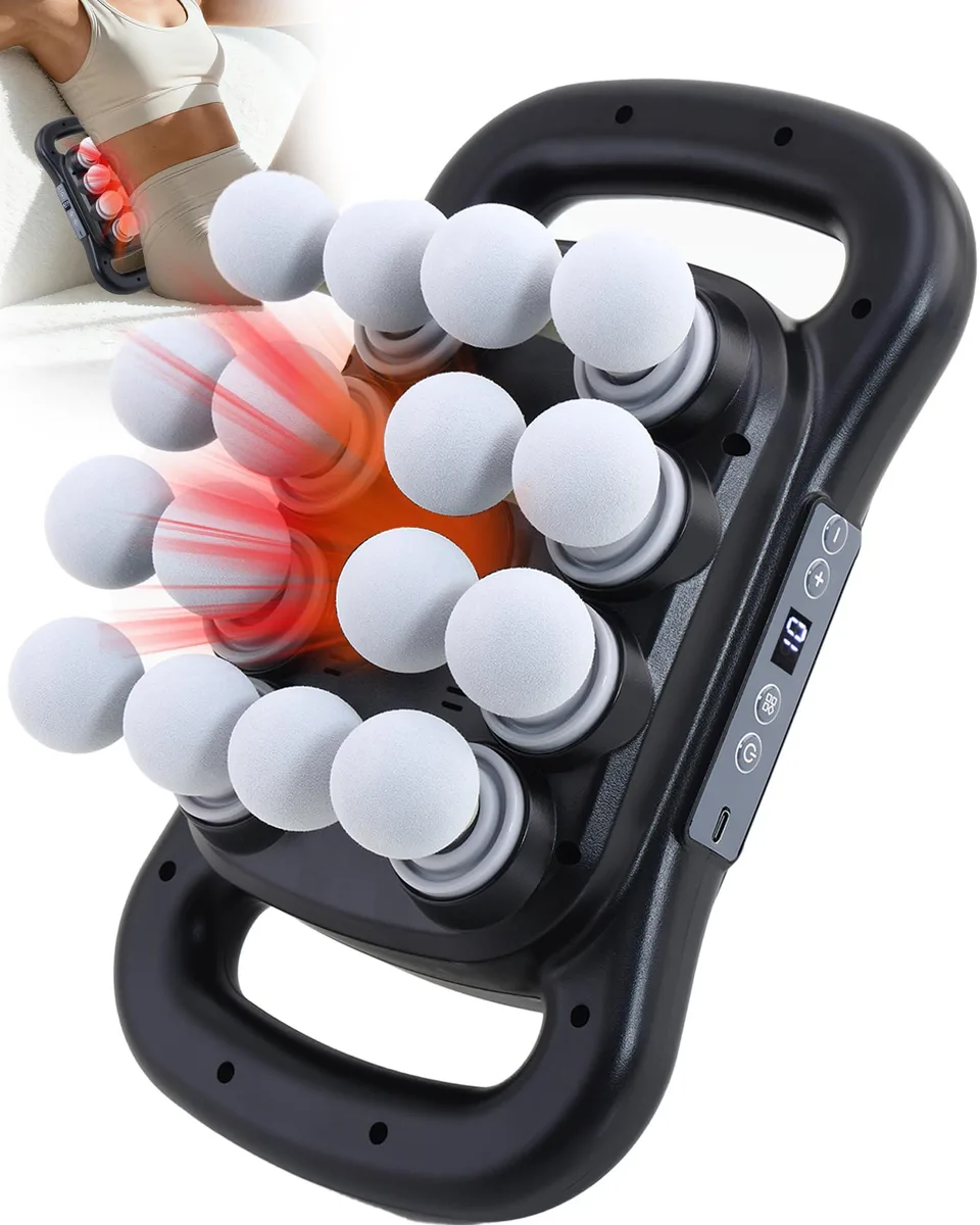 Black 16-head percussion massager, rectangular ABS body, 13 by 8 by 5 inches