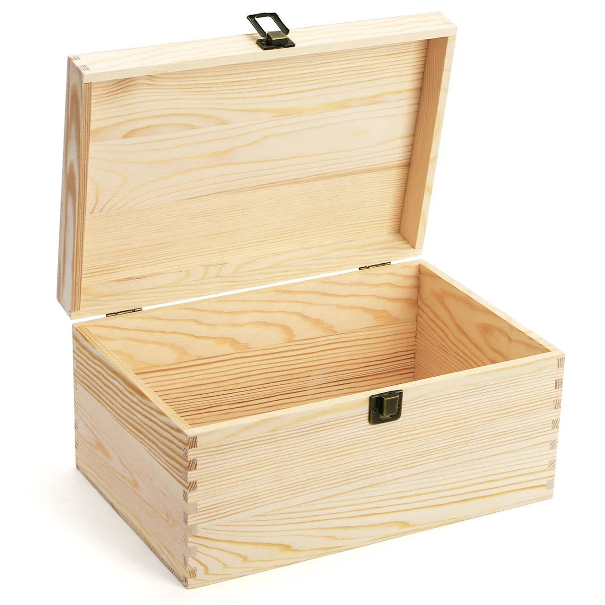 Light-brown wooden box with hinged lid and bronze clasp