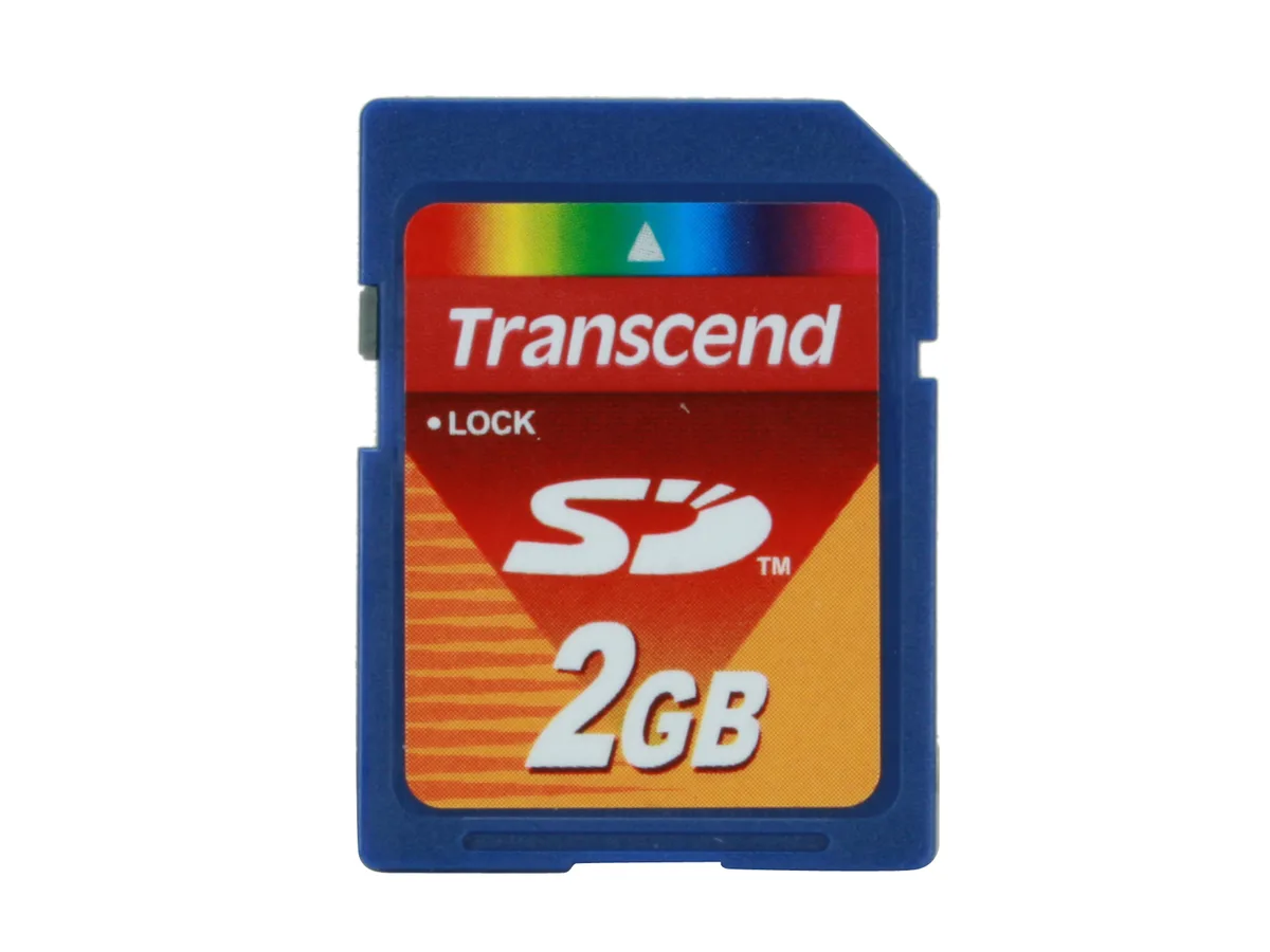 Small rectangular blue SD memory card with gold contacts and white label
