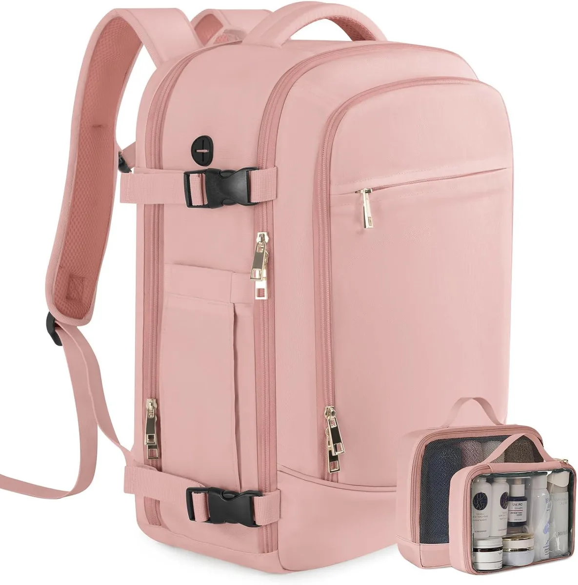 Pink 40 L travel backpack, soft nylon, padded straps, top handle, 46×32.5×20 cm