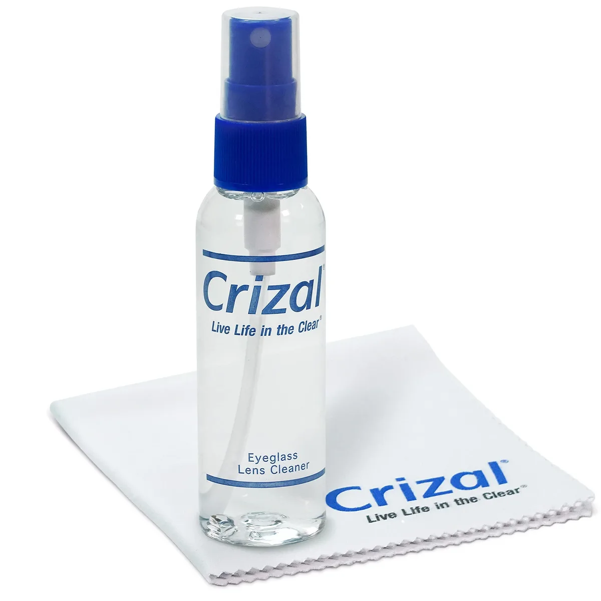 Crizal lens cleaning kit with spray bottle and microfiber cloth