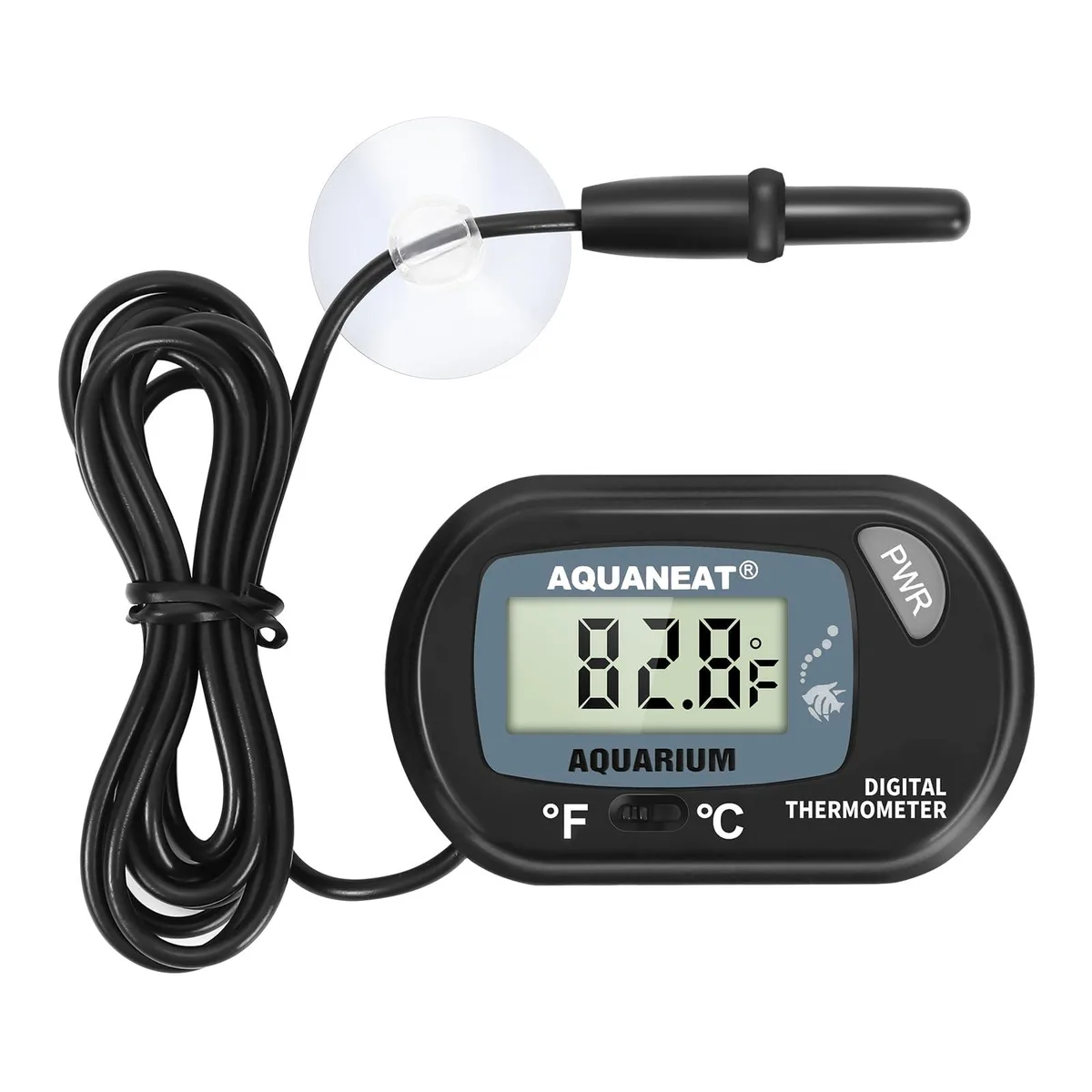 Black digital aquarium thermometer with large LCD display and submersible probe on suction cup