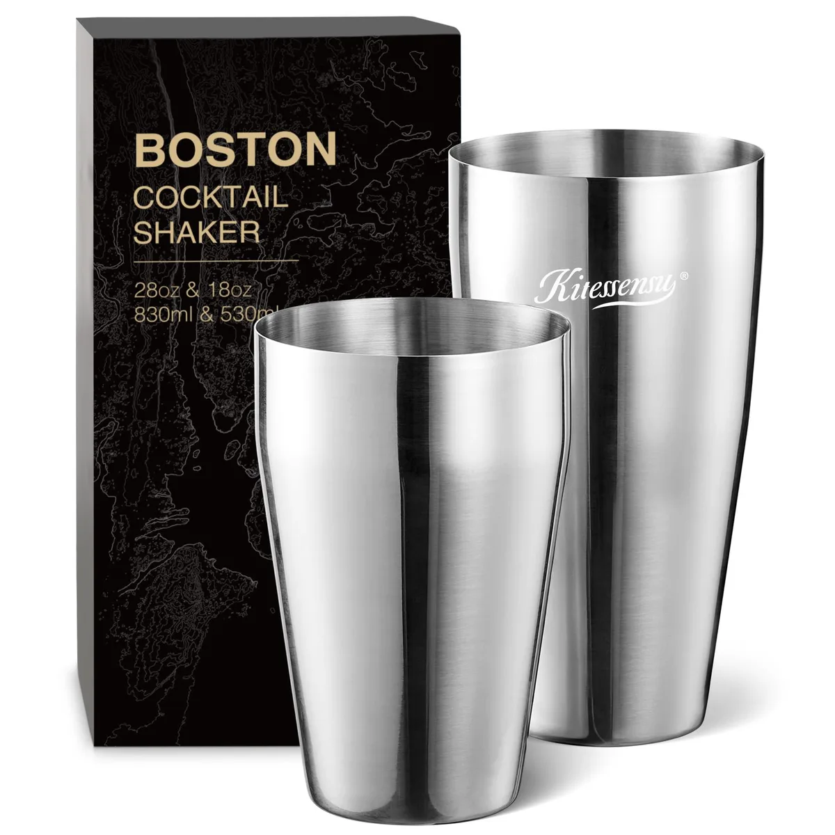 Two brushed stainless steel Boston shaker tins, 18oz and 28oz, silver finish