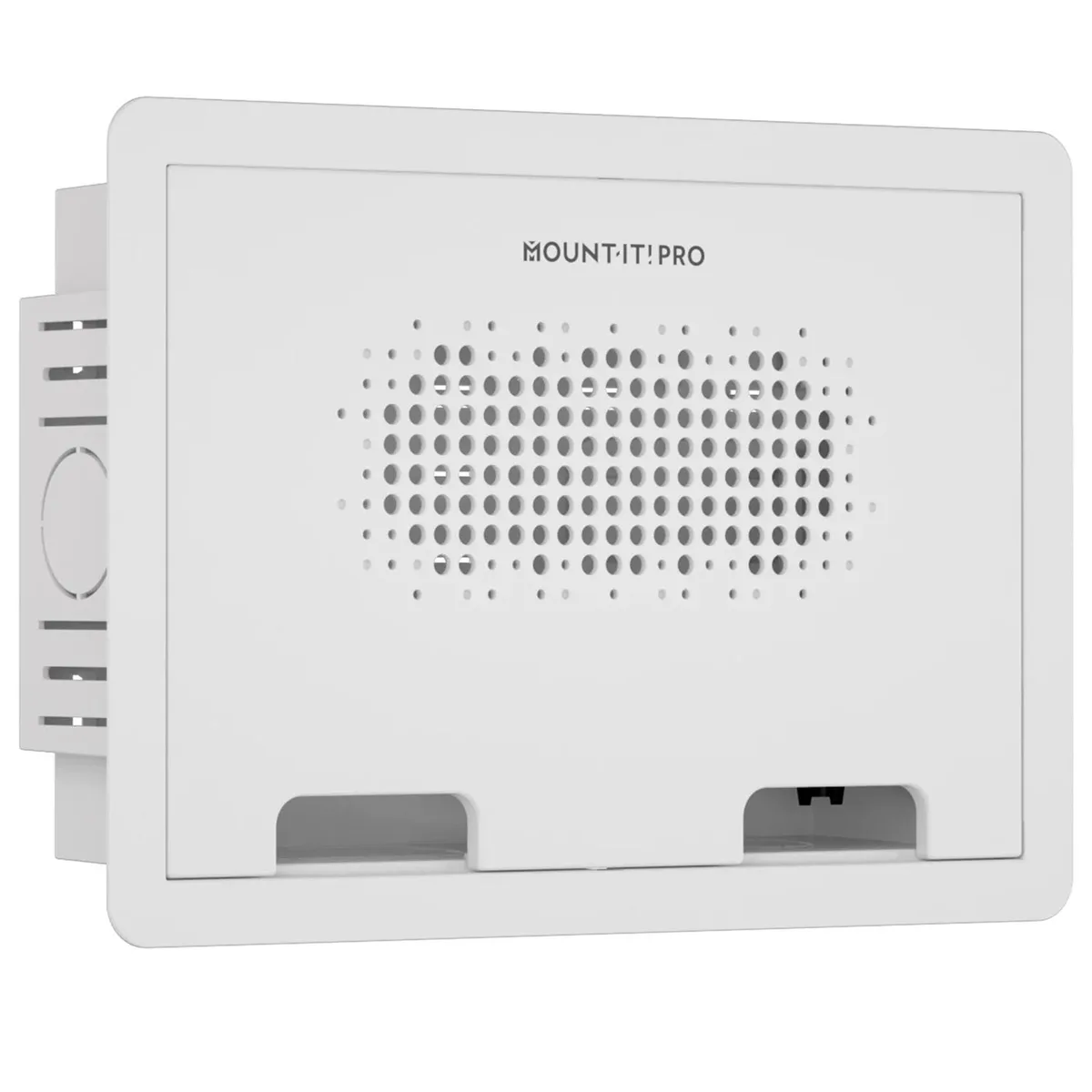 White rectangular in-wall media box with ventilated snap-on cover and adjustable bracket